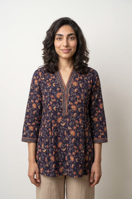 Royal blue sanganeri pintucks Short kurti
