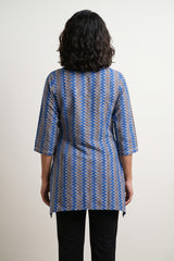 Blue grey zig zag yoke gather top