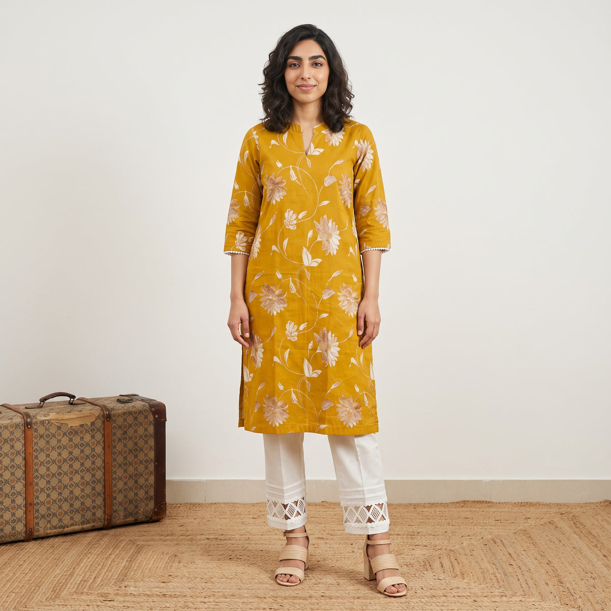 Yellow big flower printed Kurta
