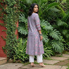 Pastel blue Handblock Kali style A-line kurta