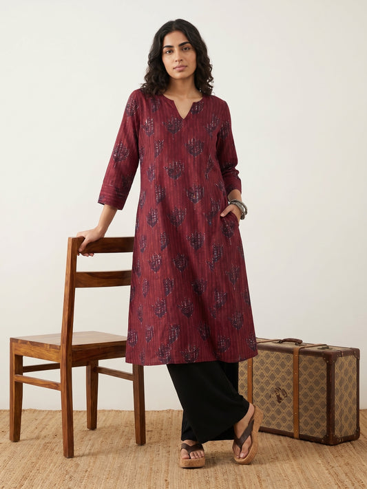 Maroon  Slub Peacock Aline Kurta