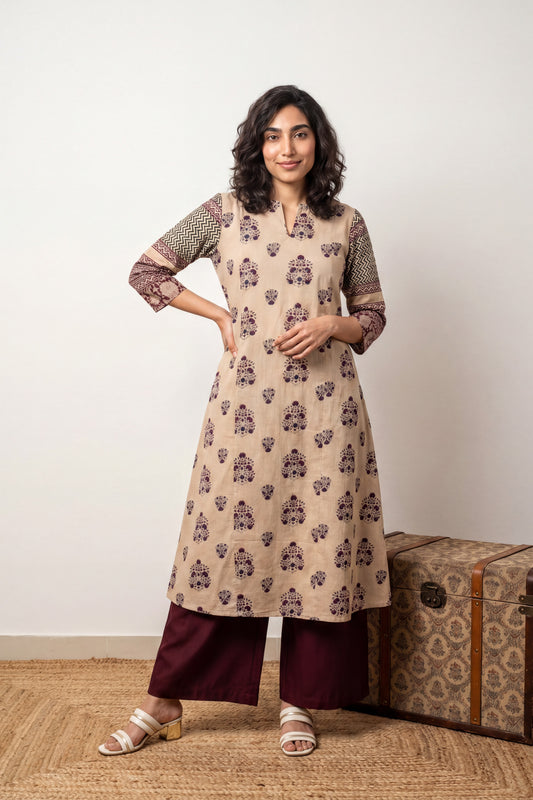 Beige buta with maroon contrast sleeve Aline Kurta