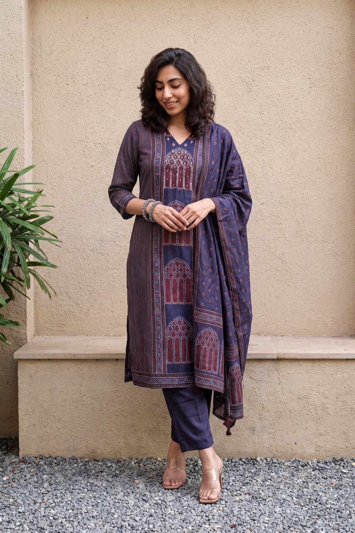 Royal blue digital print muslin suit set