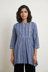 Blue grey zig zag yoke gather top