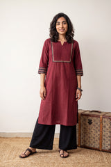 Maroon kantha yoke kurta