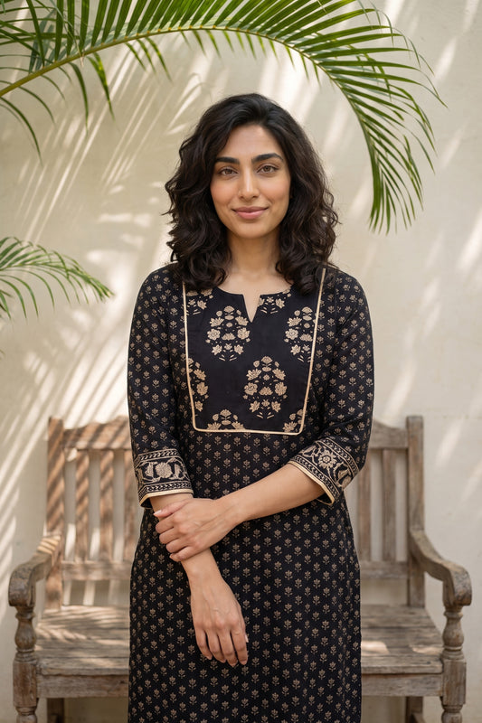 Black small flower yoke kurta