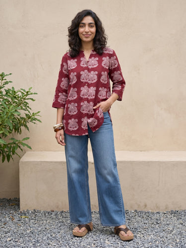 Maroon Ajrakh flower shirt