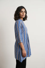 Blue grey zig zag yoke gather top