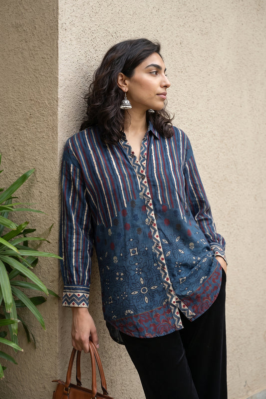 Indigo designer muslin silk shirt