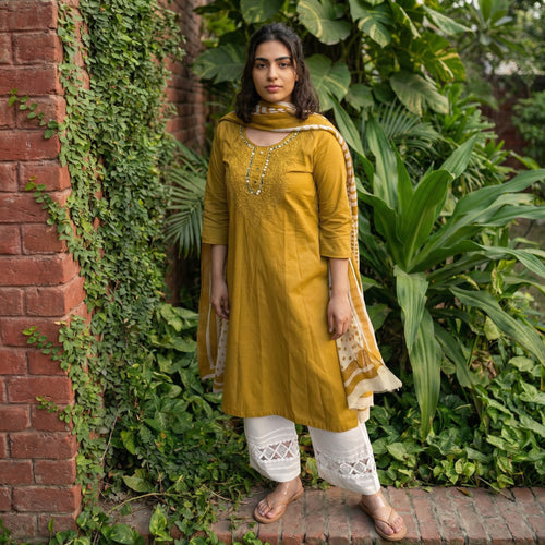 Mustard embroidered Kurta duppata set