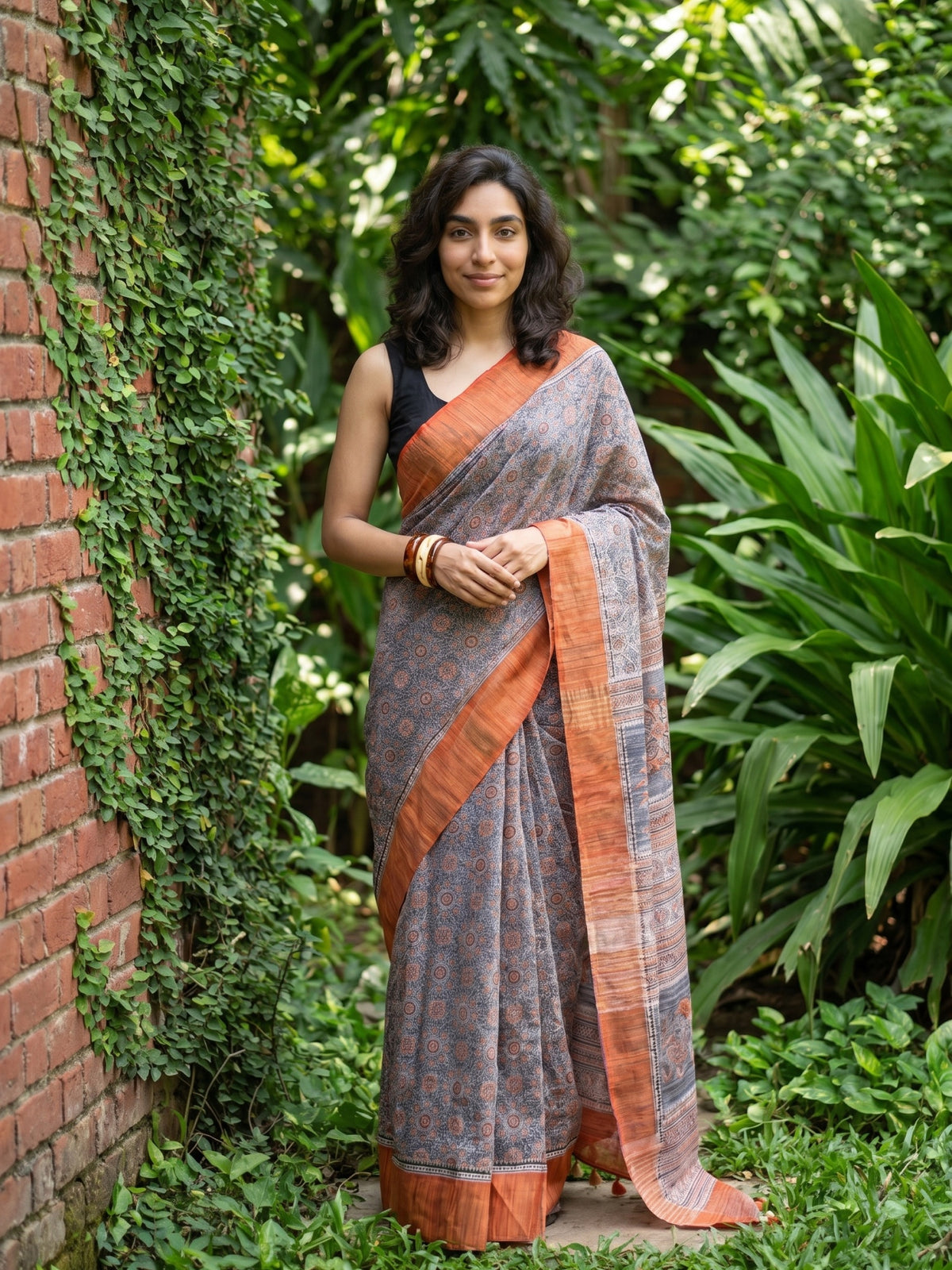 Orange grey Khadi silk geometric saree
