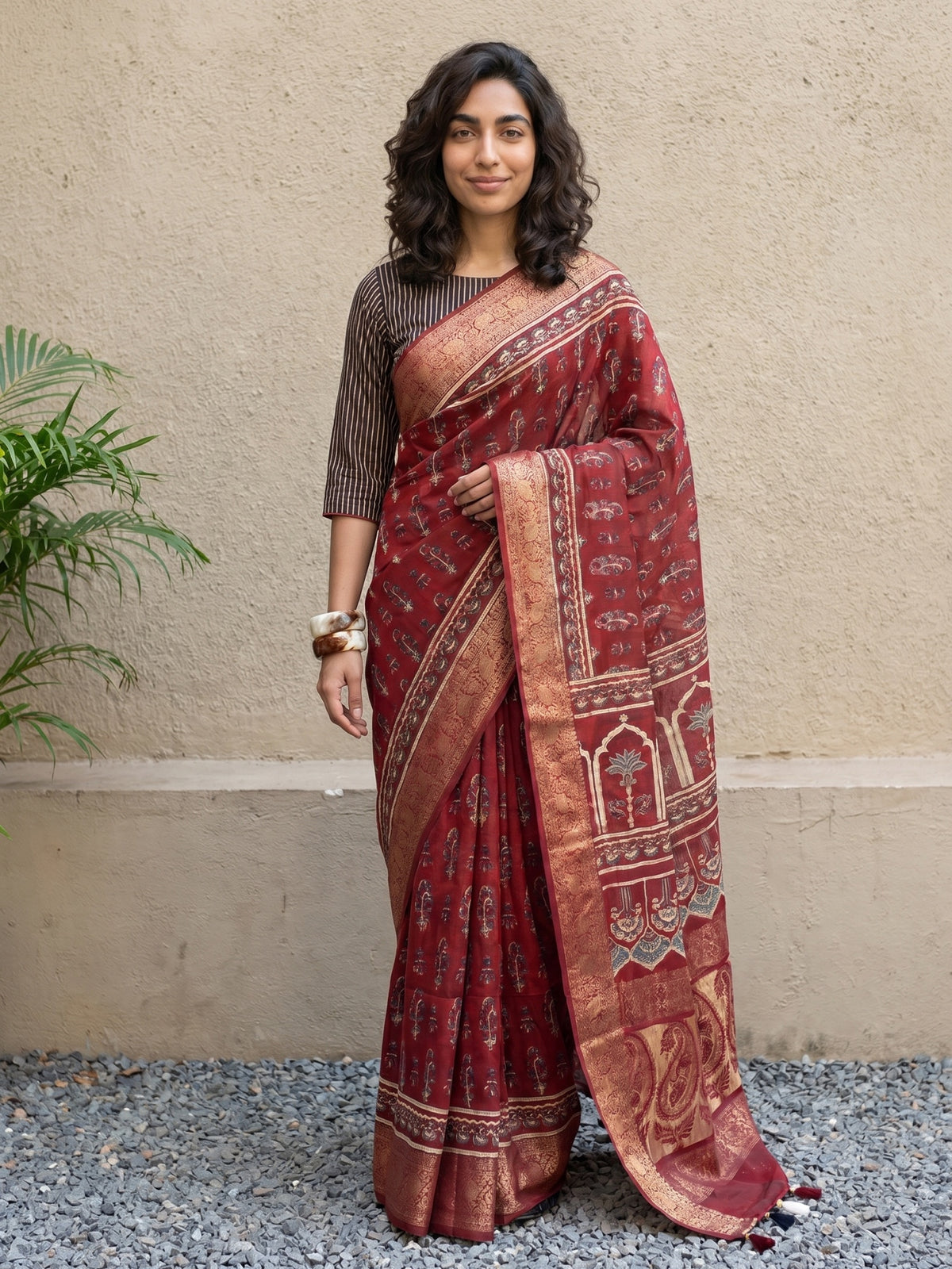 Maroon ajrakh dola silk saree