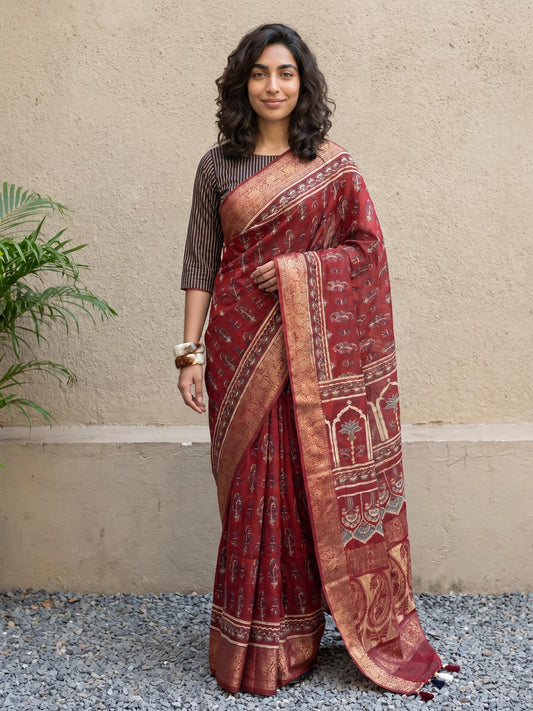 Maroon ajrakh dola silk saree