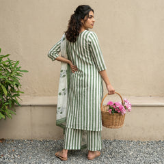 Light Green Stripe Suits Set with Mulmul Duppata
