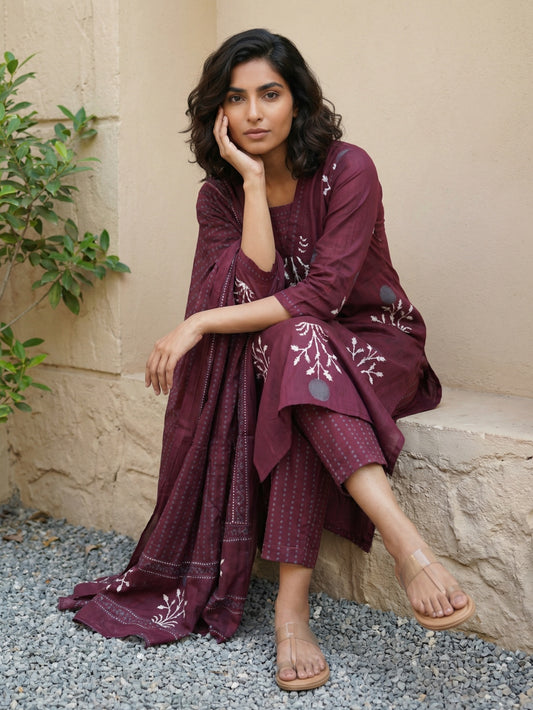 Wine Sanganeri full suit set