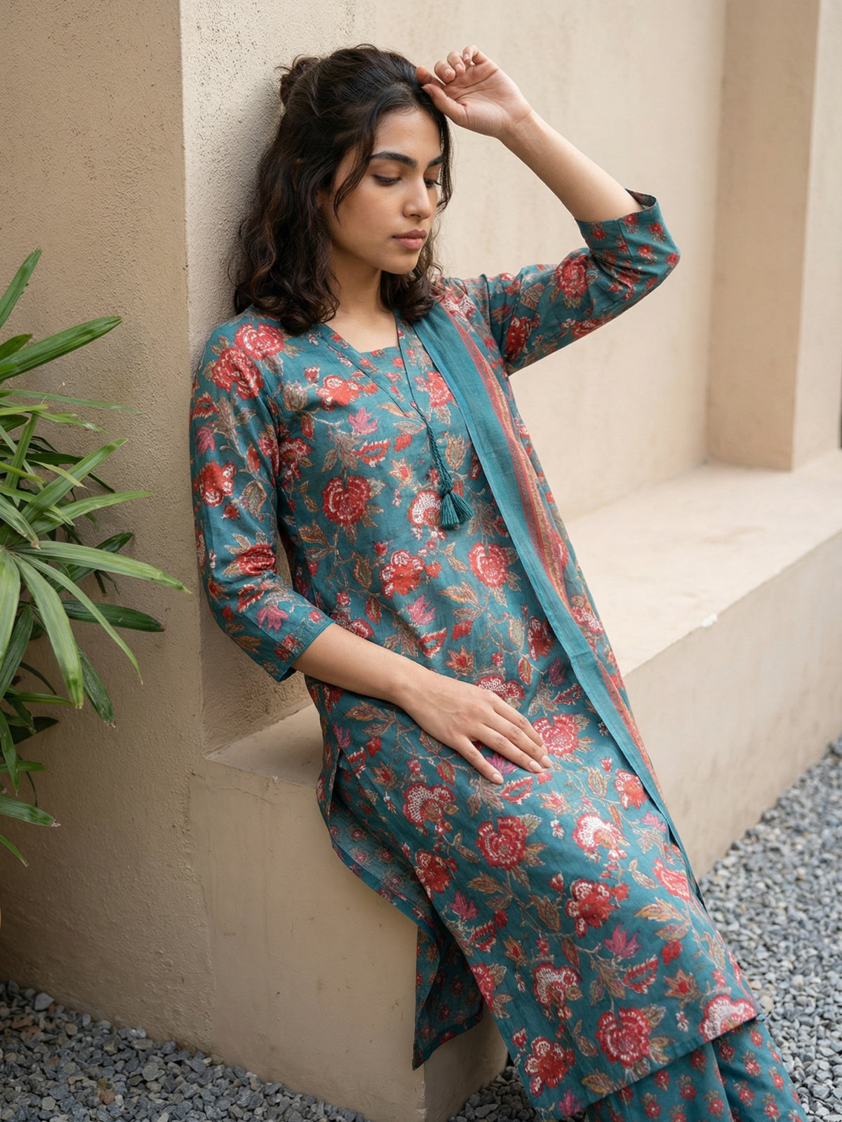 Sea green floral Sanganeri full suit set