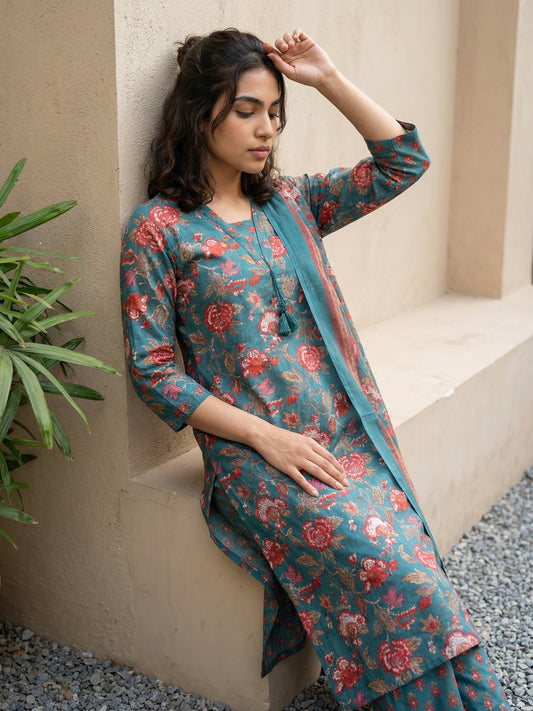 Sea green floral Sanganeri full suit set