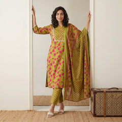 Parrot Green floral yoke Suit Set
