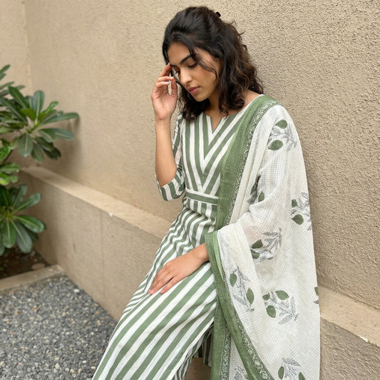 Light Green Stripe Suits Set with Mulmul Duppata