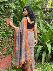 Orange grey Khadi silk geometric saree