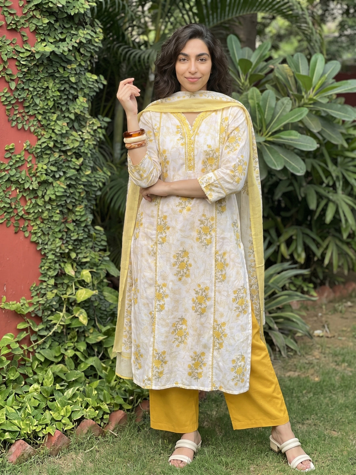 Mustard Panelled Floral Buta full suit set