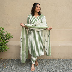 Light Green Stripe Suits Set with Mulmul Duppata