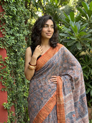 Orange grey Khadi silk geometric saree
