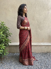 Maroon ajrakh dola silk saree
