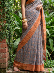 Orange grey Khadi silk geometric saree