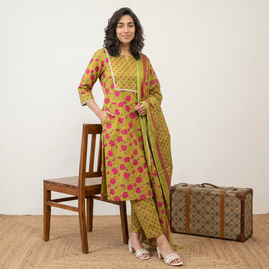 Parrot Green floral yoke Suit Set