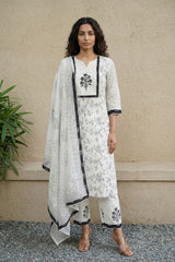 Cream Black yoke embroidered Full suit set