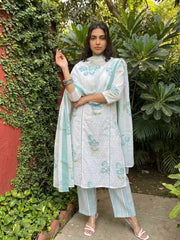 Ambar Blue Panelled Floral full suit set