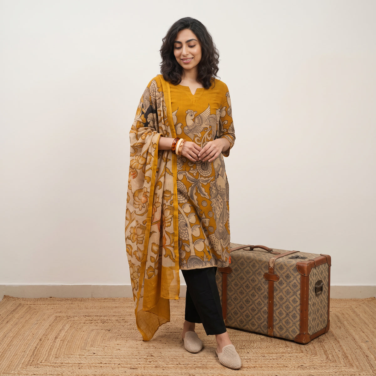 Mustard kalamkari printed suit set