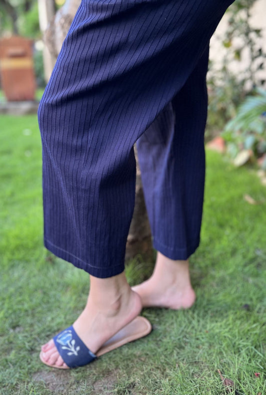 Blue Cotton Lycra Pintucks Pants