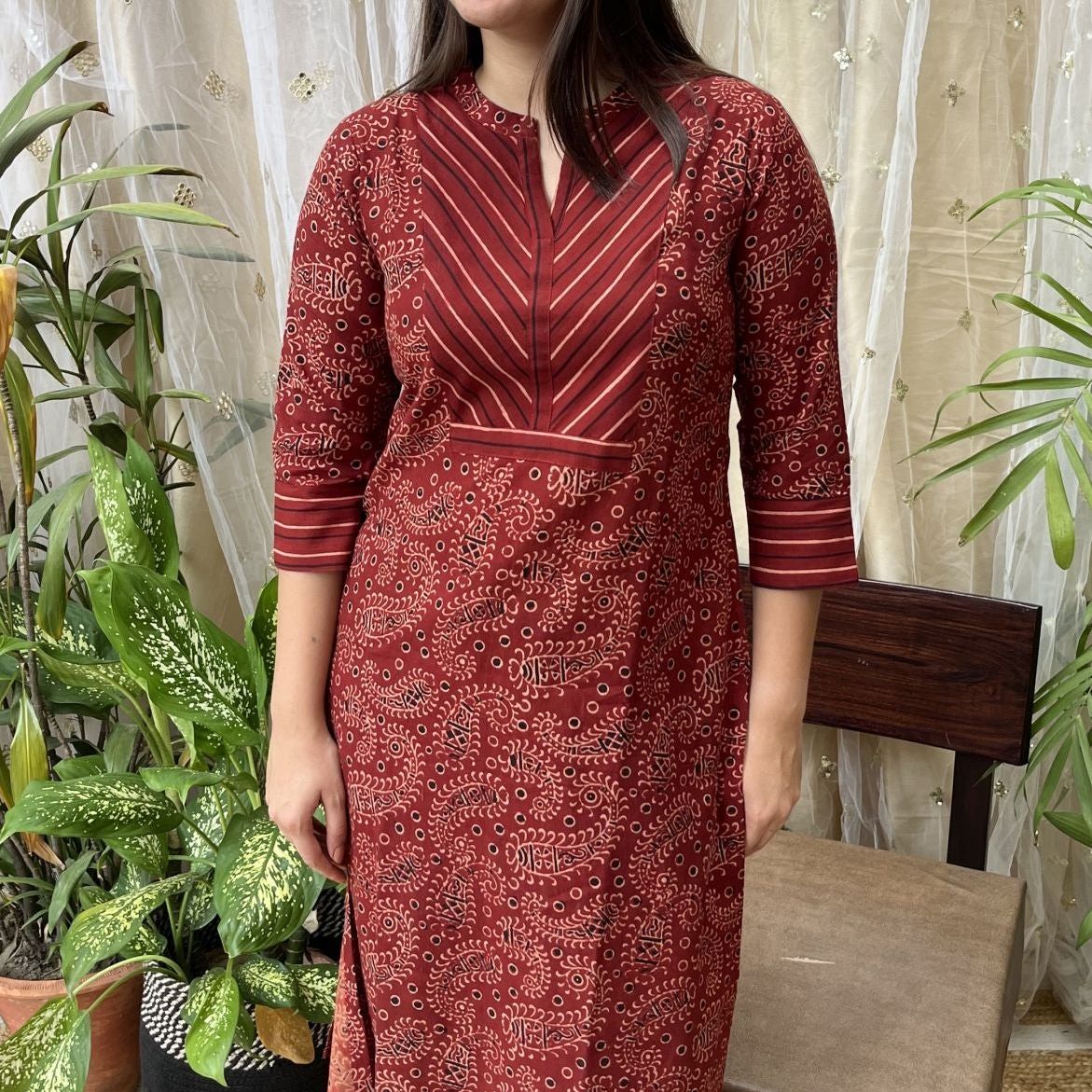 Maroon Ambi Ajrakh Yoke Kurta - MYSANSKRITAM