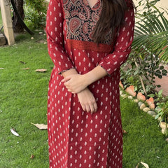 Maroon buti Ajrakh Yoke kurta - MYSANSKRITAM