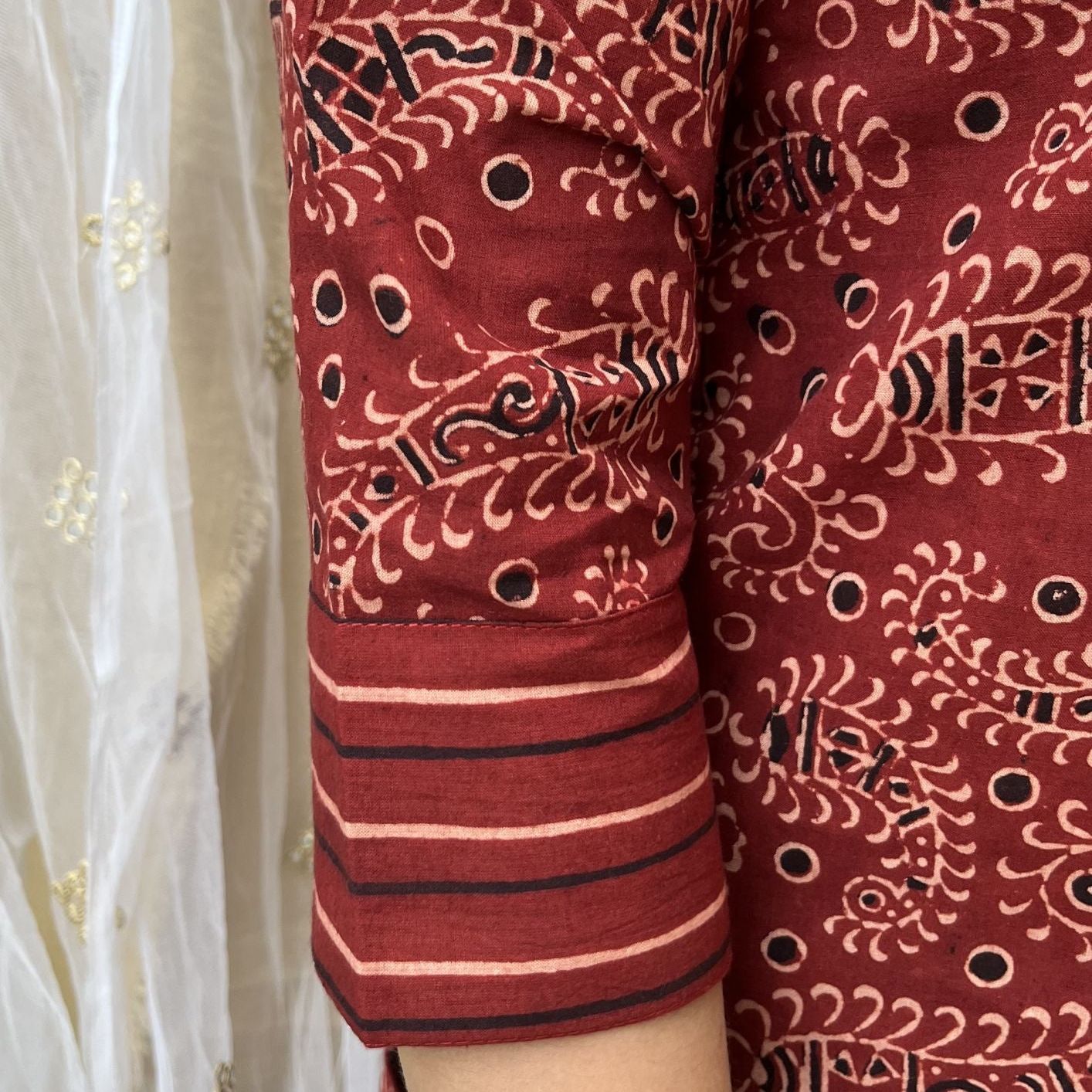 Maroon Ambi Ajrakh Yoke Kurta - MYSANSKRITAM