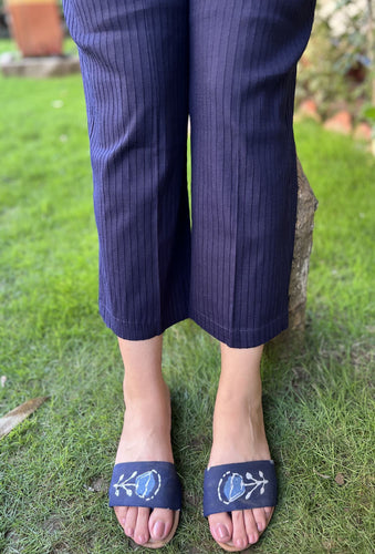 Dark Blue Cotton Lycra Pintucks Pants with Stretch (37 inches length)