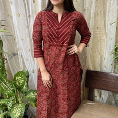 Maroon Ambi Ajrakh Yoke Kurta - MYSANSKRITAM