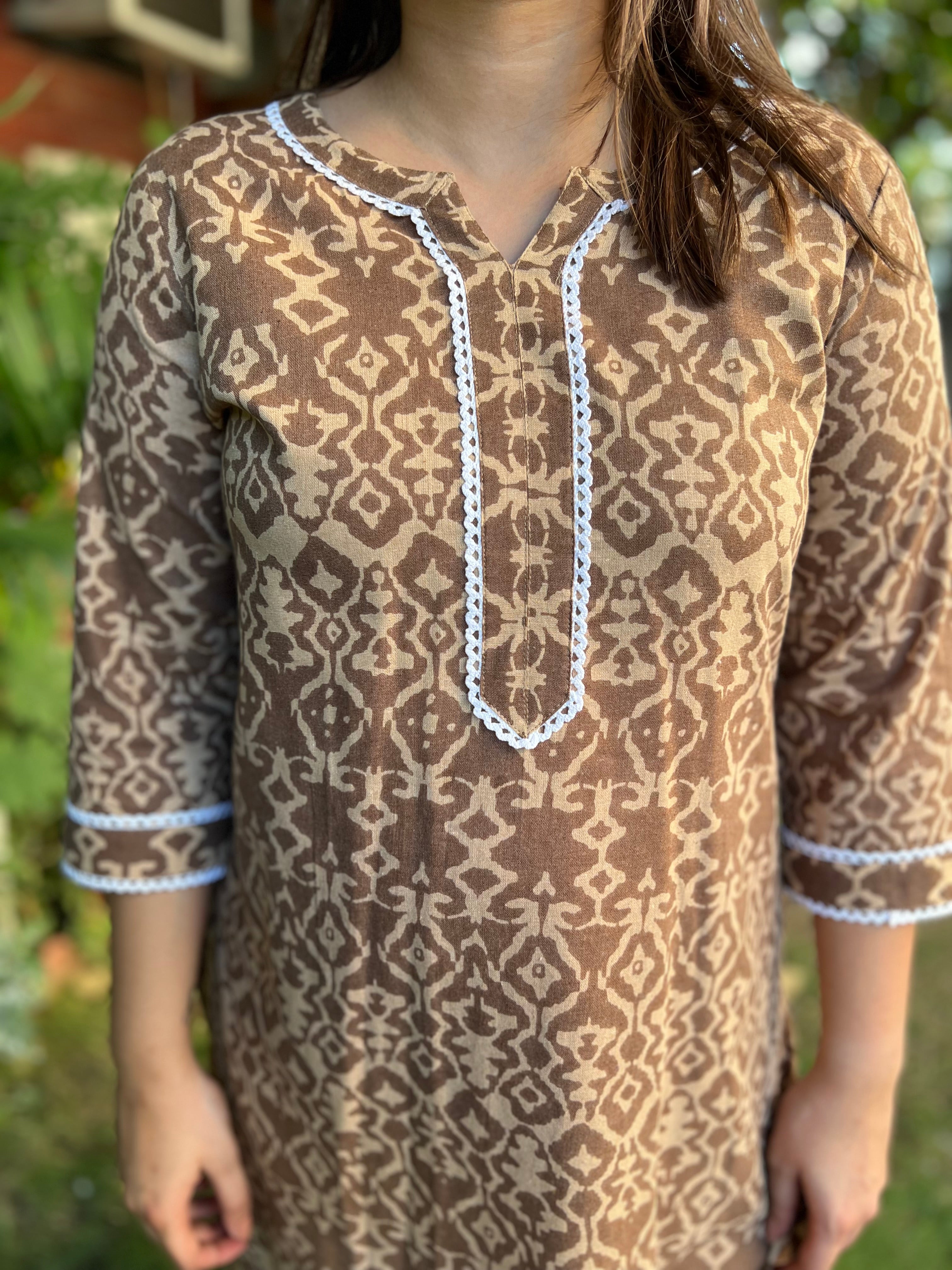 Brown abstract printed kurta - MYSANSKRITAM