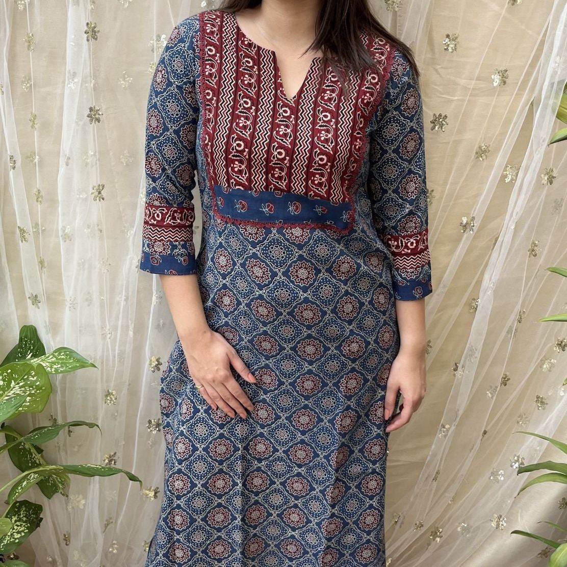 Indigo ajrakh Yoke kurta - MYSANSKRITAM