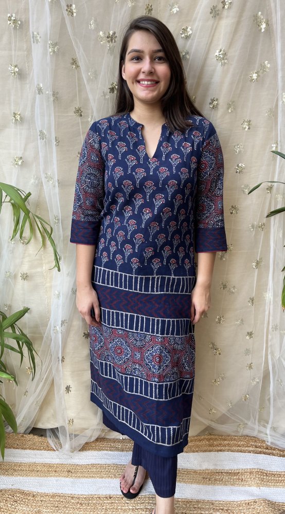 Royal Blue Ajrakh designer Kurta - MYSANSKRITAM