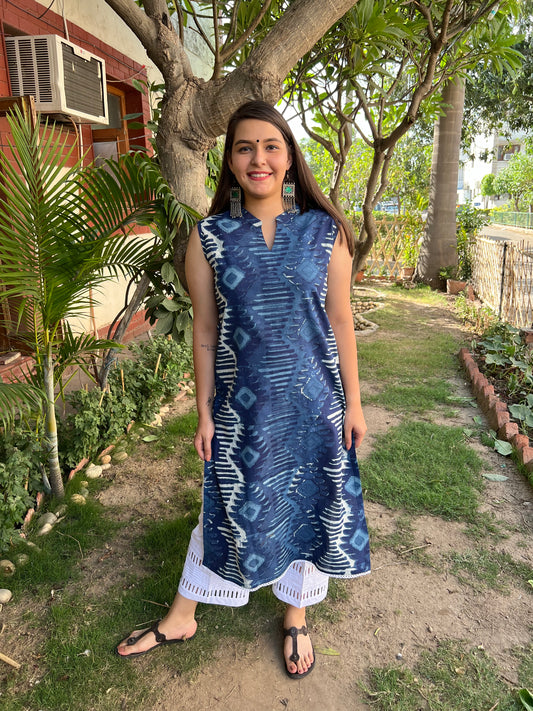 Indigo zig zag Without sleeve Kurta - MYSANSKRITAM