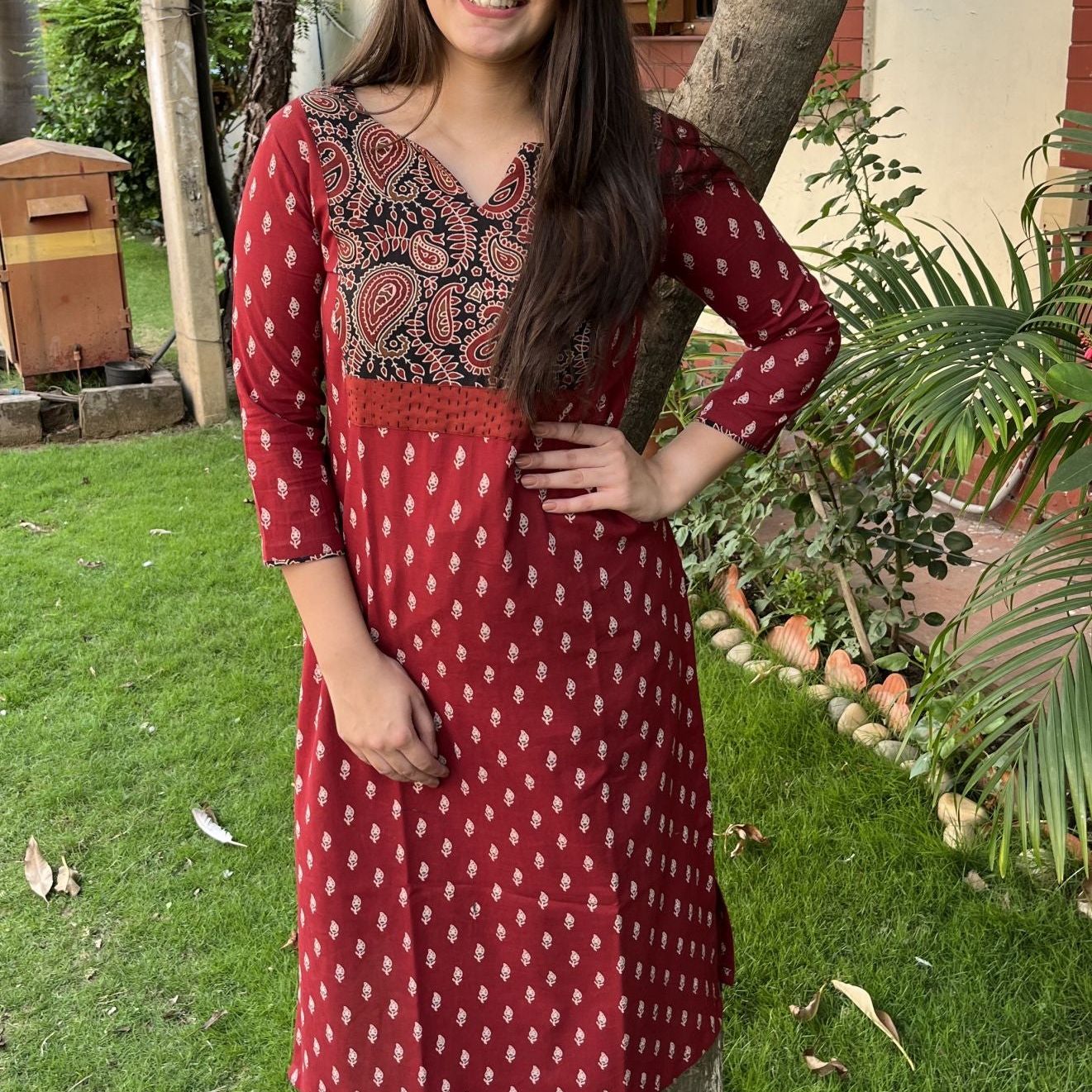 Maroon buti Ajrakh Yoke kurta - MYSANSKRITAM