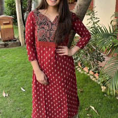 Maroon buti Ajrakh Yoke kurta - MYSANSKRITAM