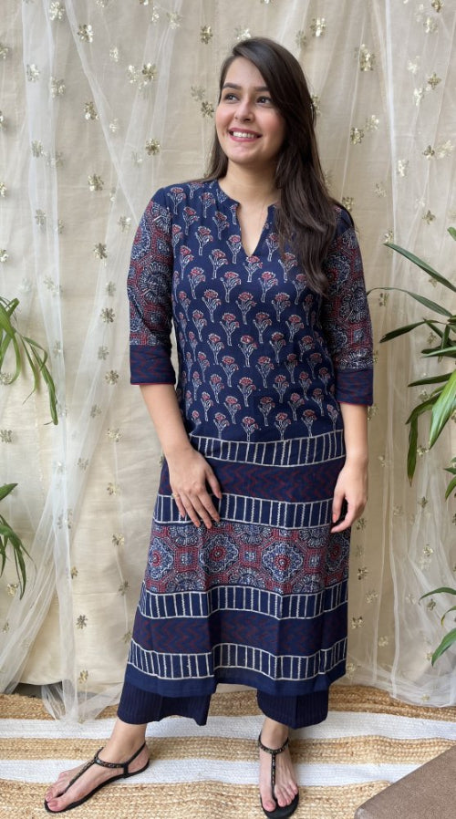 Royal Blue Ajrakh designer Kurta - MYSANSKRITAM