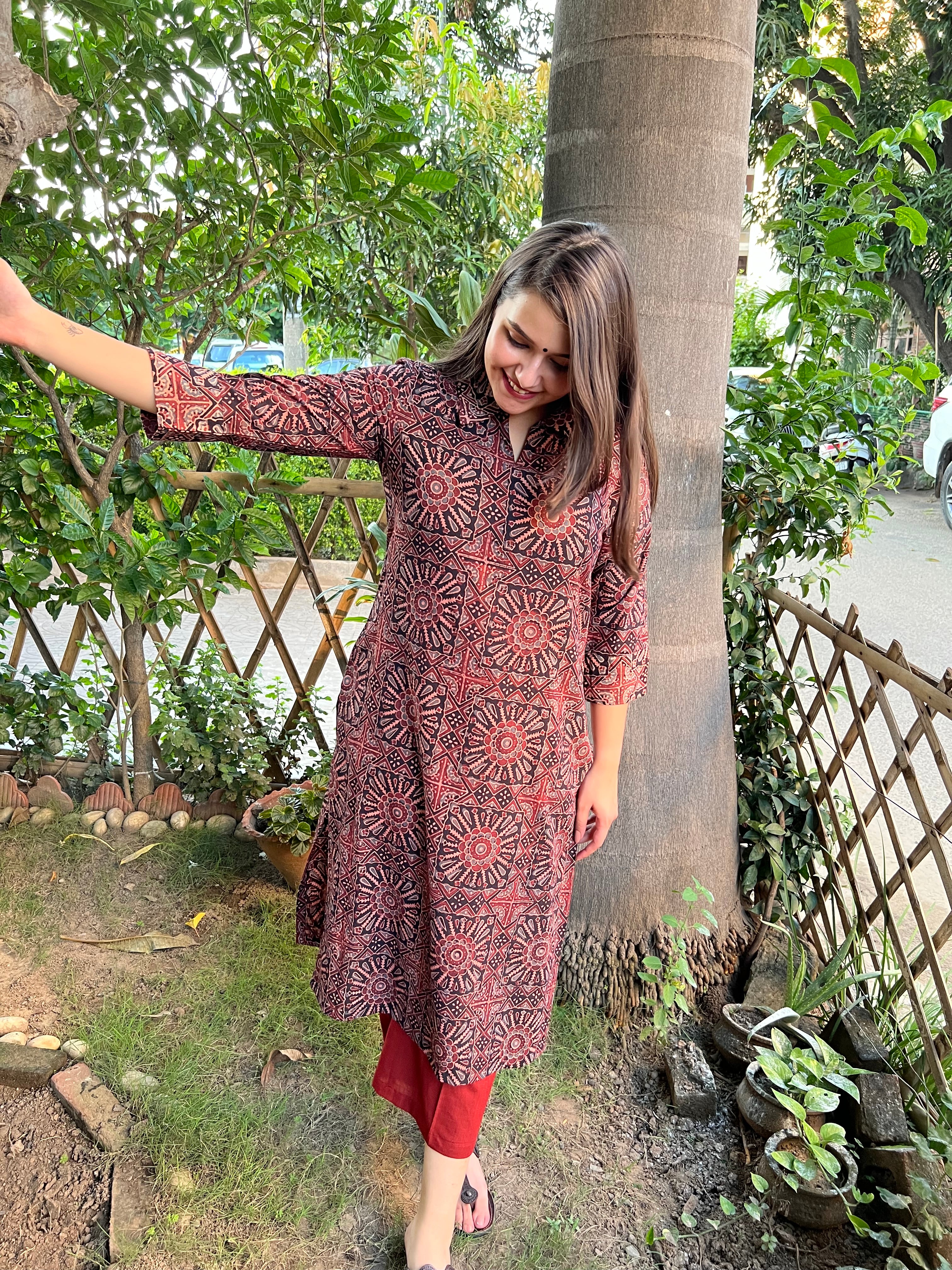 Brick red square geometric kurta - MYSANSKRITAM