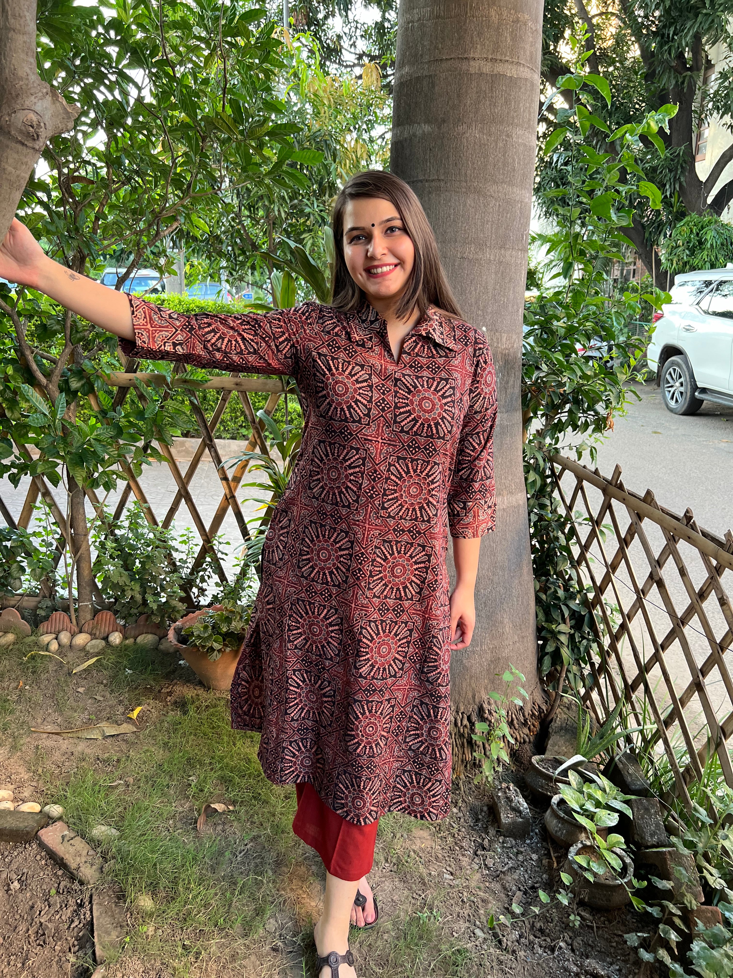 Brick red square geometric kurta - MYSANSKRITAM