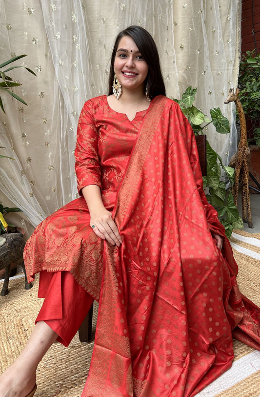 Red Banarsi Cotton Silk Suit set