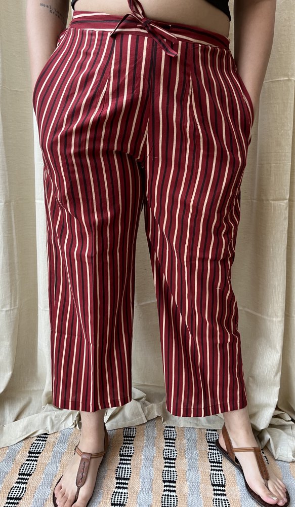 Maroon Lines Handblock Printed Pants - MYSANSKRITAM